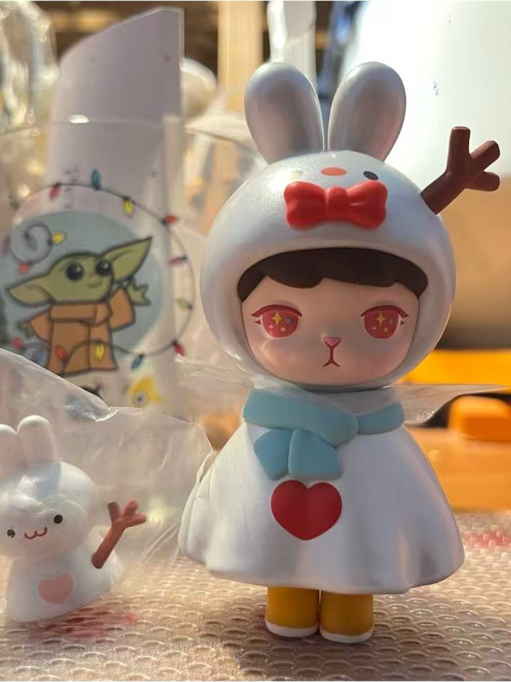 Cute White Bunny Costume Figure with Red Heart and Blue Scarf